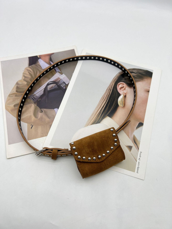 Curea pentru femei din PU cu nituri decorative, stil de călătorie de agrement, căptușeală PU, închidere tip capac, toamnă 2025