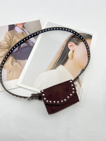 Curea pentru femei din PU cu nituri decorative, stil de călătorie de agrement, căptușeală PU, închidere tip capac, toamnă 2025