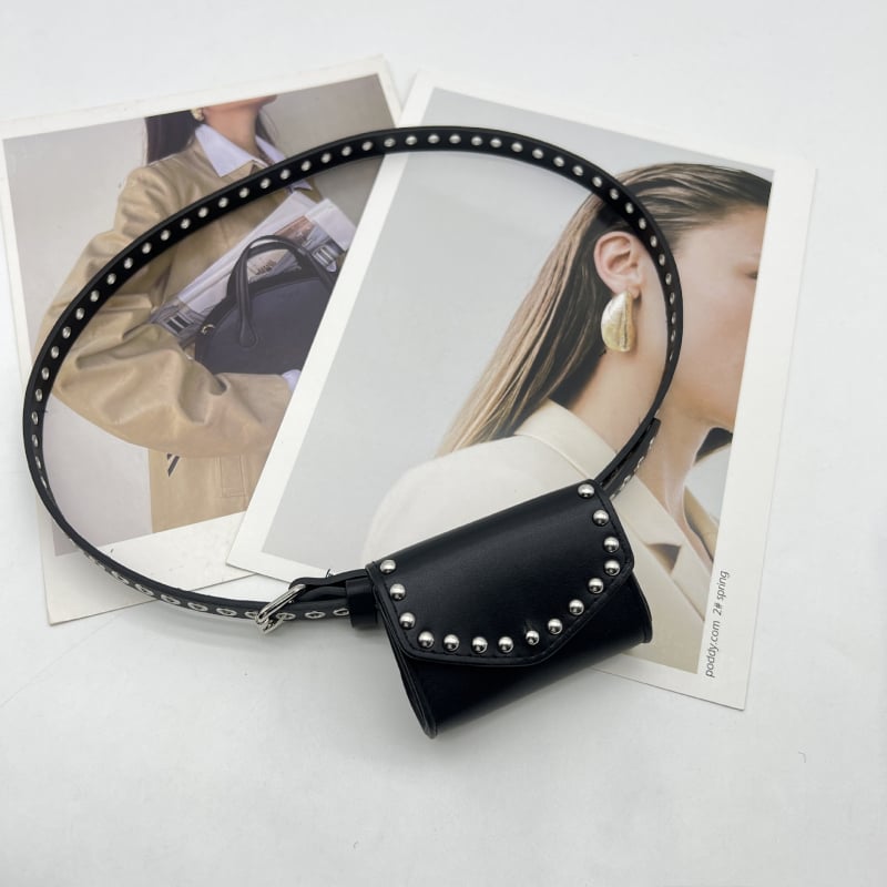 Curea pentru femei din PU cu nituri decorative, stil de călătorie de agrement, căptușeală PU, închidere tip capac, toamnă 2025