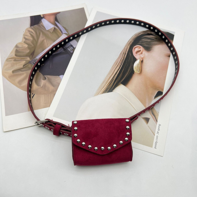 Curea pentru femei din PU cu nituri decorative, stil de călătorie de agrement, căptușeală PU, închidere tip capac, toamnă 2025