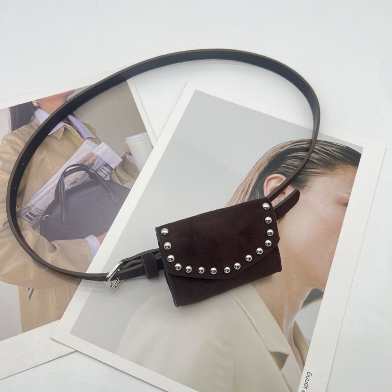 Curea pentru femei din PU cu nituri decorative, stil de călătorie de agrement, căptușeală PU, închidere tip capac, toamnă 2025