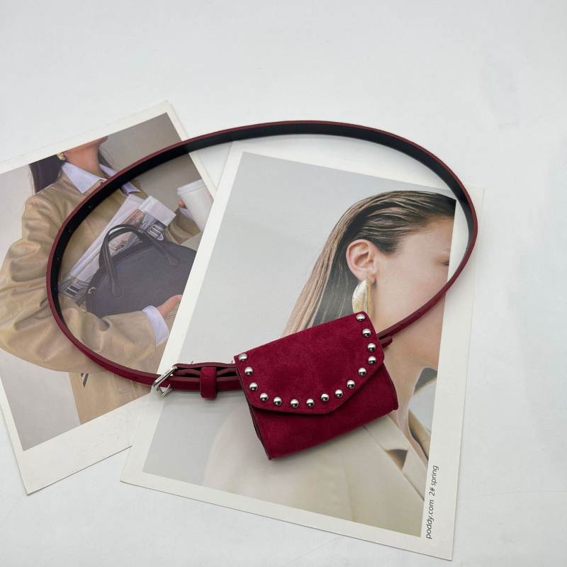 Curea pentru femei din PU cu nituri decorative, stil de călătorie de agrement, căptușeală PU, închidere tip capac, toamnă 2025