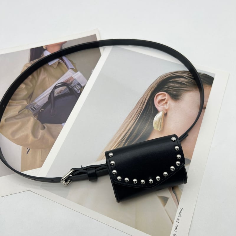 Curea pentru femei din PU cu nituri decorative, stil de călătorie de agrement, căptușeală PU, închidere tip capac, toamnă 2025