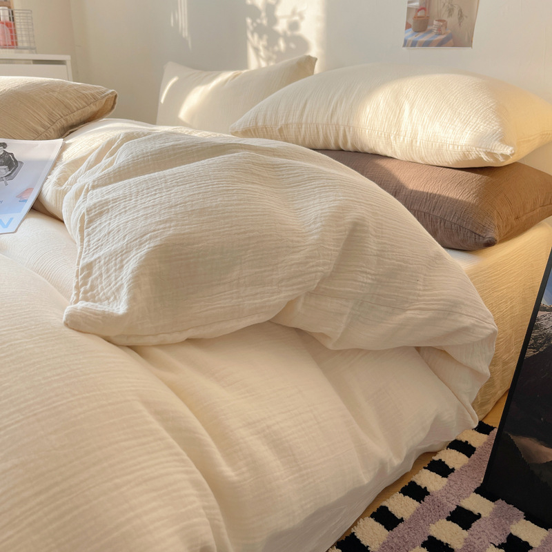 Set de lenjerie de pat din poliester, patru piese, în stil nordic, cu cearșaf cu elastic, husă de pilotă și față de pernă — culoare solidă