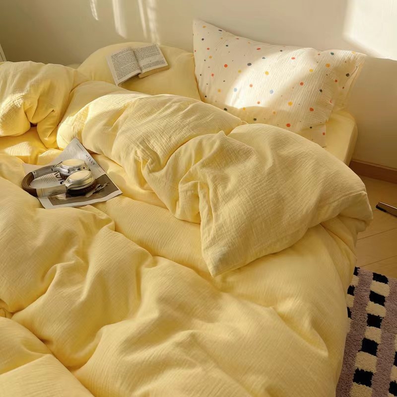 Set de lenjerie de pat din poliester, patru piese, în stil nordic, cu cearșaf cu elastic, husă de pilotă și față de pernă — culoare solidă