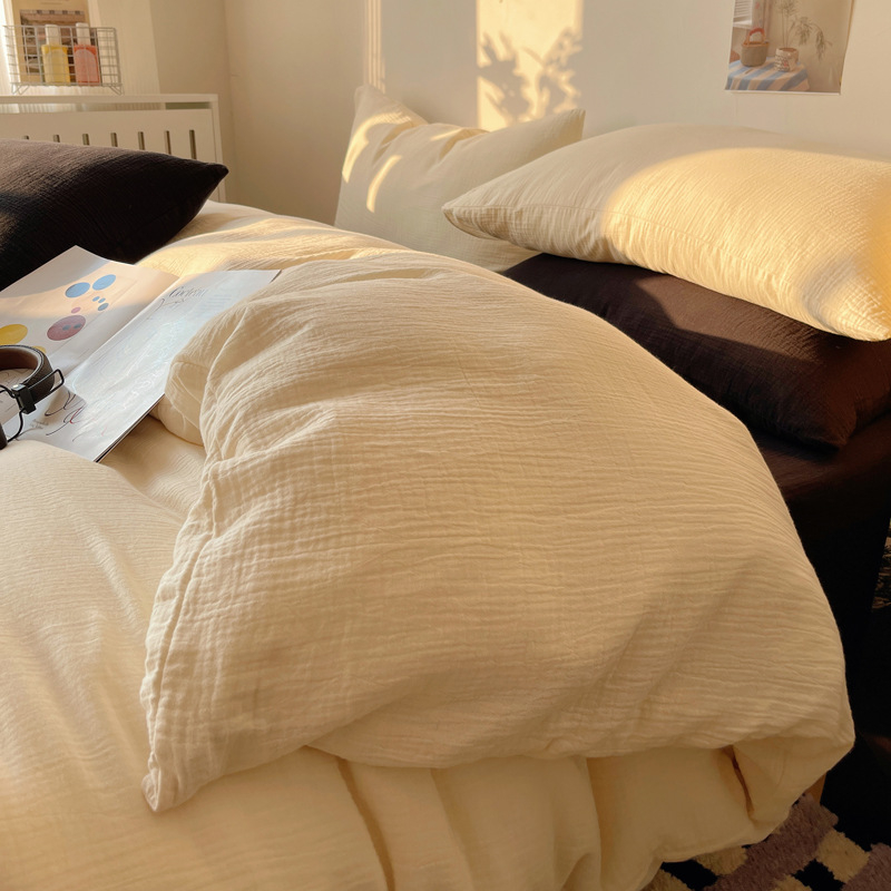 Set de lenjerie de pat din poliester, patru piese, în stil nordic, cu cearșaf cu elastic, husă de pilotă și față de pernă — culoare solidă