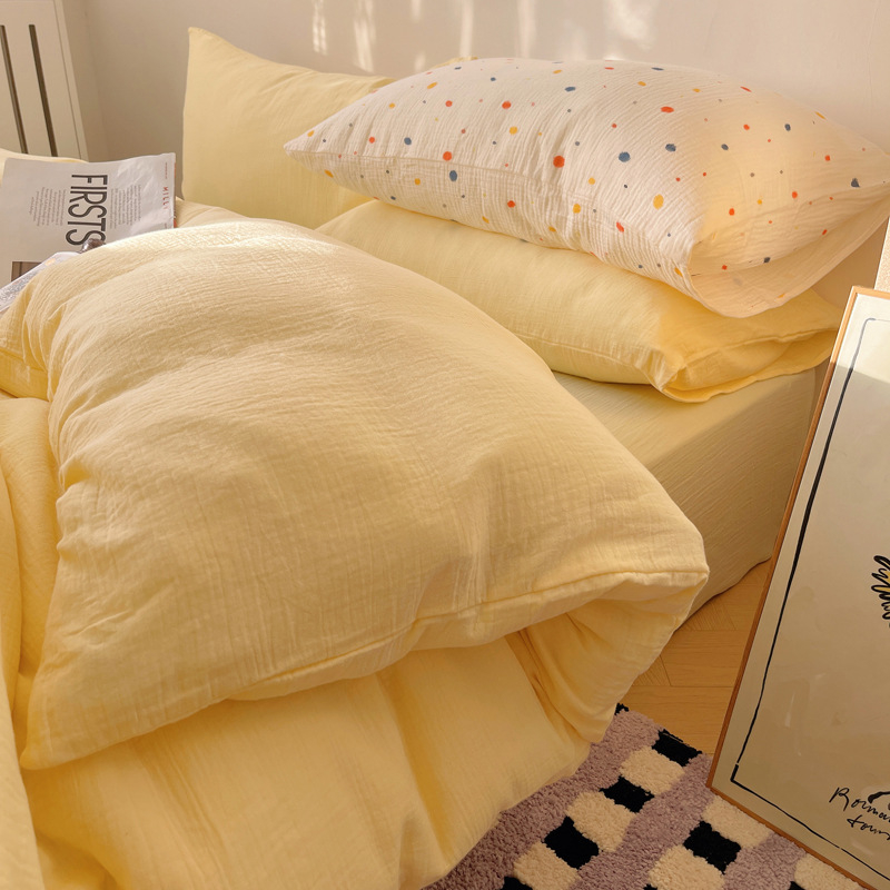 Set de lenjerie de pat din poliester, patru piese, în stil nordic, cu cearșaf cu elastic, husă de pilotă și față de pernă — culoare solidă