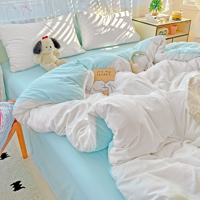 Set de lenjerie de pat din poliester, patru piese, în stil nordic, cu cearșaf cu elastic, husă de pilotă și față de pernă — culoare solidă