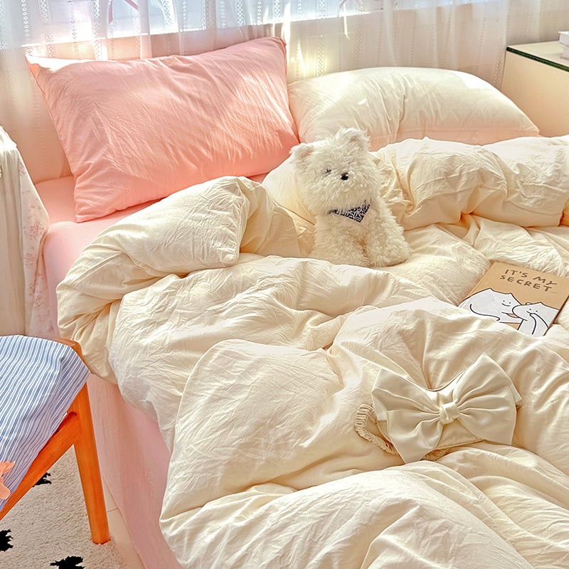 Set de lenjerie de pat din poliester, patru piese, în stil nordic, cu cearșaf cu elastic, husă de pilotă și față de pernă — culoare solidă