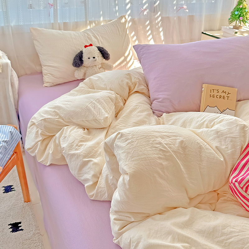 Set de lenjerie de pat din poliester, patru piese, în stil nordic, cu cearșaf cu elastic, husă de pilotă și față de pernă — culoare solidă