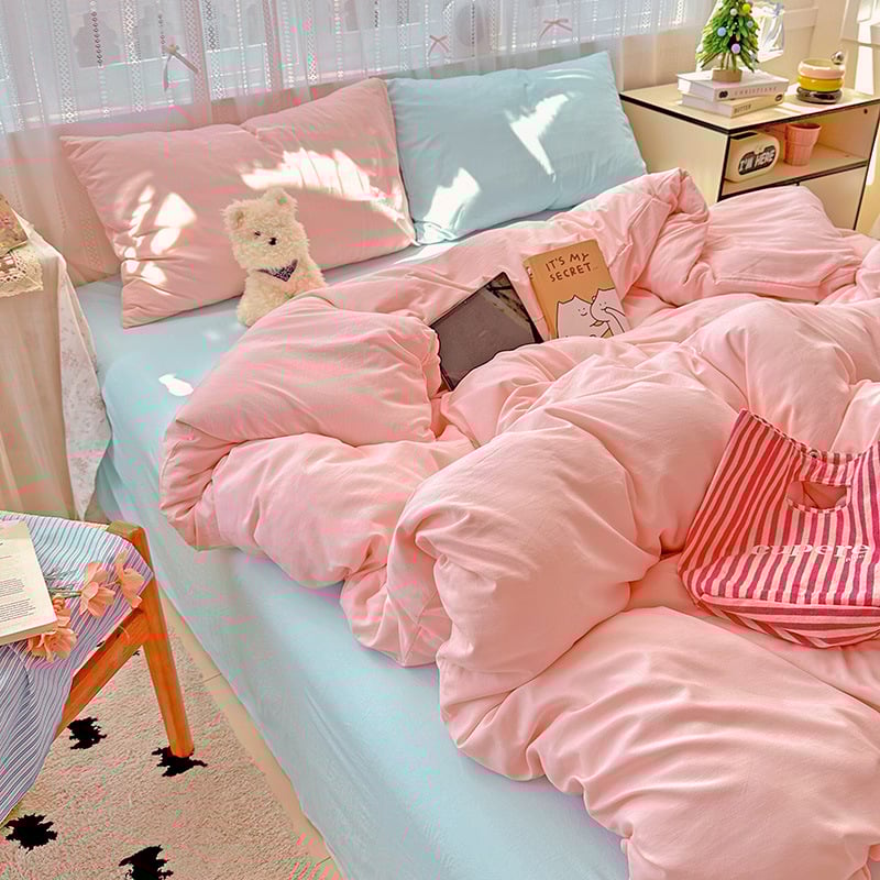 Set de lenjerie de pat din poliester, patru piese, în stil nordic, cu cearșaf cu elastic, husă de pilotă și față de pernă — culoare solidă