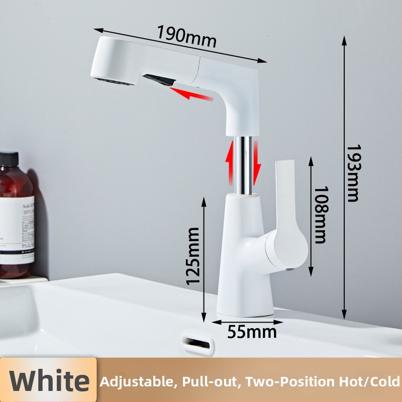 Výsuvný drezový kohútik – meď, horúca/studená voda, keramický diskový ventil, priemer sedla 35 mm, max 120°C