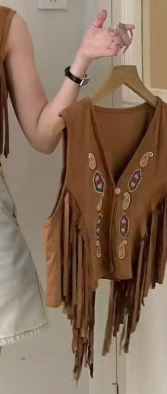 Etno vintage vesta s výšivkou s strapcami, semišová látka, geometrický vzor, bez goliera, úzky strih