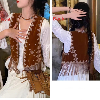 Etno vintage vesta s výšivkou s strapcami, semišová látka, geometrický vzor, bez goliera, úzky strih