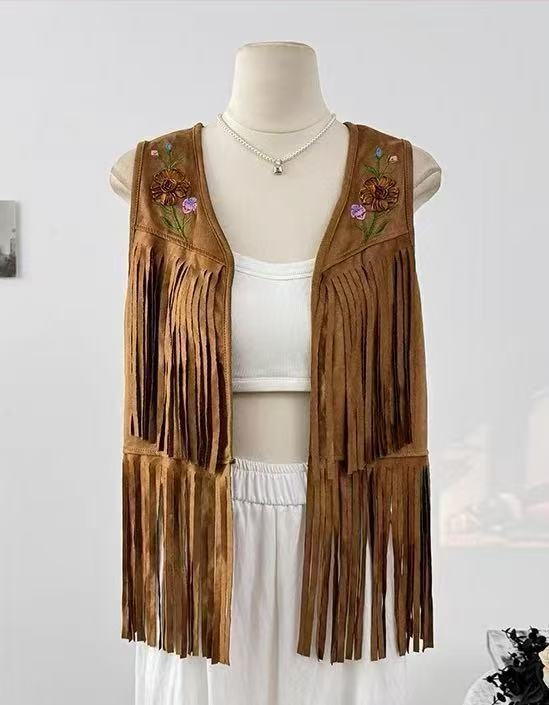 Etno vintage vesta s výšivkou s strapcami, semišová látka, geometrický vzor, bez goliera, úzky strih