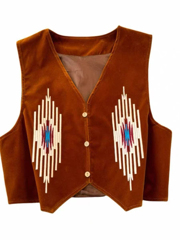 Etno vintage vesta s výšivkou s strapcami, semišová látka, geometrický vzor, bez goliera, úzky strih