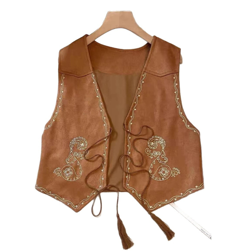 Etno vintage vesta s výšivkou s strapcami, semišová látka, geometrický vzor, bez goliera, úzky strih