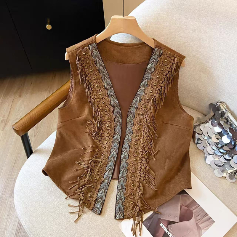 Etno vintage vesta s výšivkou s strapcami, semišová látka, geometrický vzor, bez goliera, úzky strih