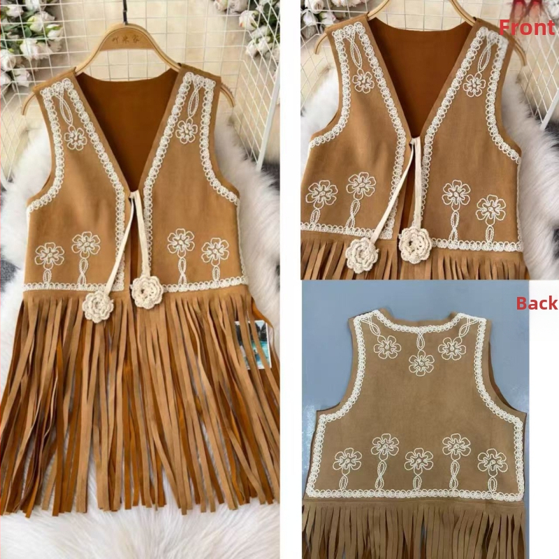 Etno vintage vesta s výšivkou s strapcami, semišová látka, geometrický vzor, bez goliera, úzky strih