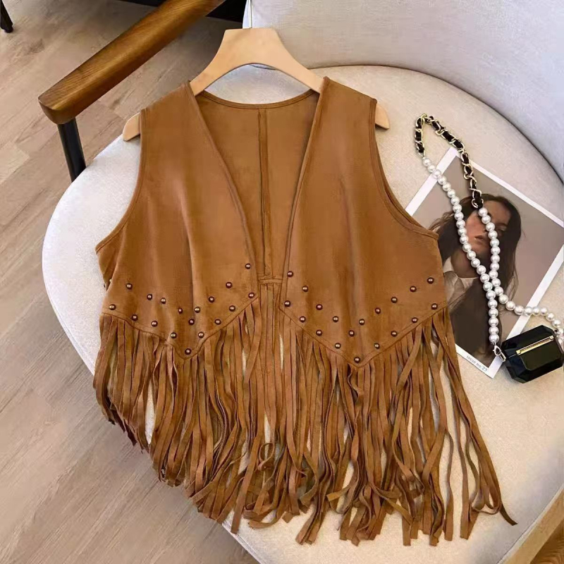 Etno vintage vesta s výšivkou s strapcami, semišová látka, geometrický vzor, bez goliera, úzky strih