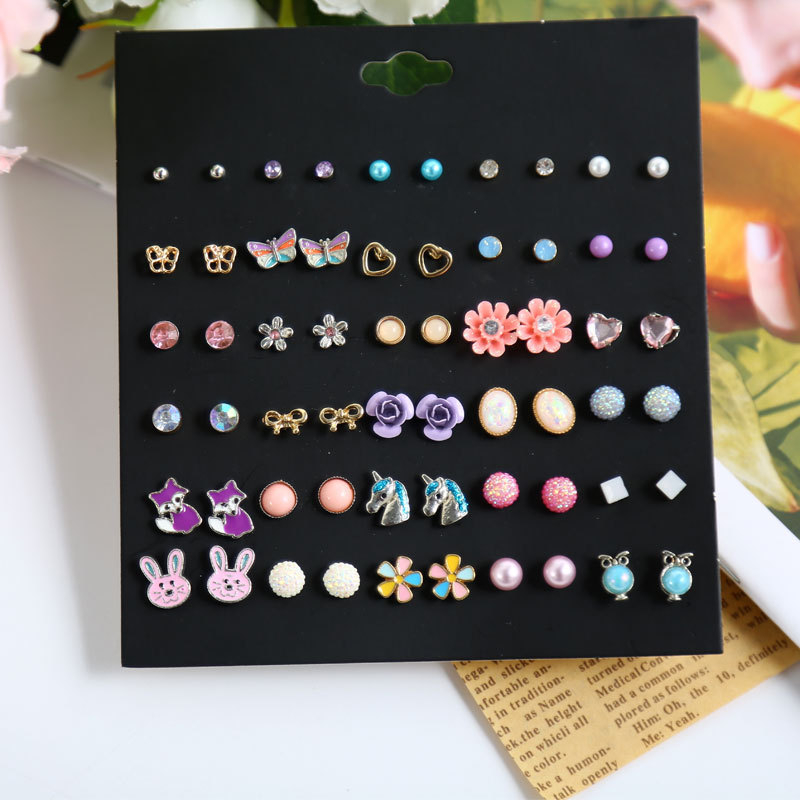 Blue pond Σκουλαρίκια από κράμα – σετ 30 ζευγάρια, καρτουν στυλ καρδιά, βύσματα από ανοξείδωτο ατσάλι, unisex κλασικός σχεδιασμός