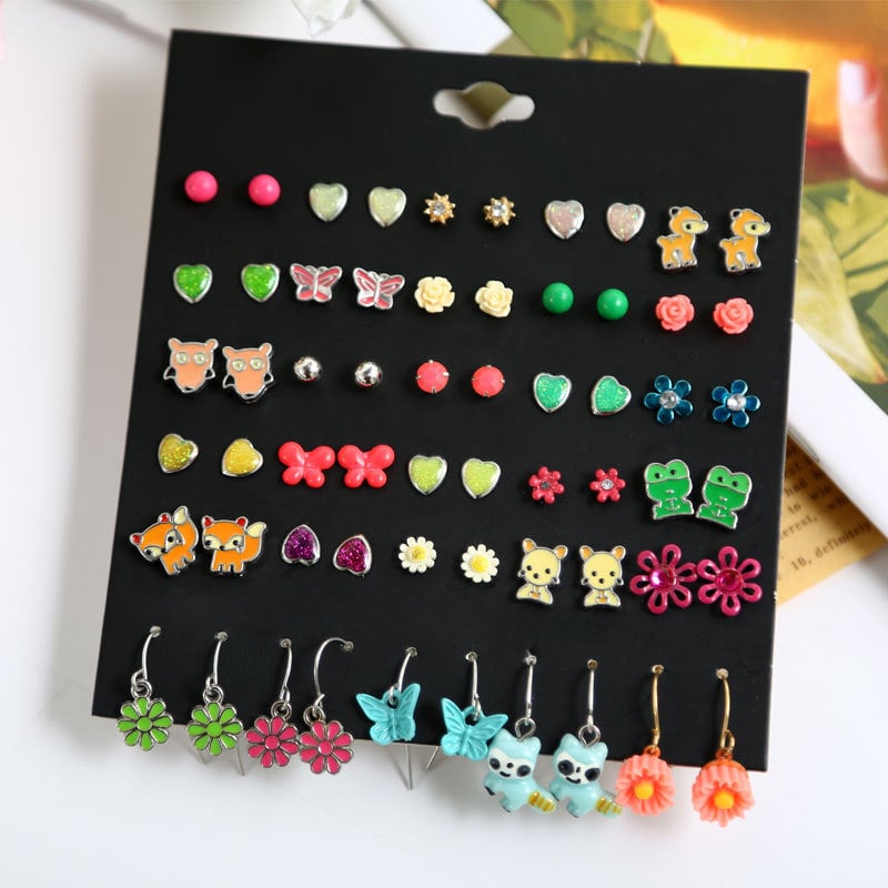 Blue pond Σκουλαρίκια από κράμα – σετ 30 ζευγάρια, καρτουν στυλ καρδιά, βύσματα από ανοξείδωτο ατσάλι, unisex κλασικός σχεδιασμός