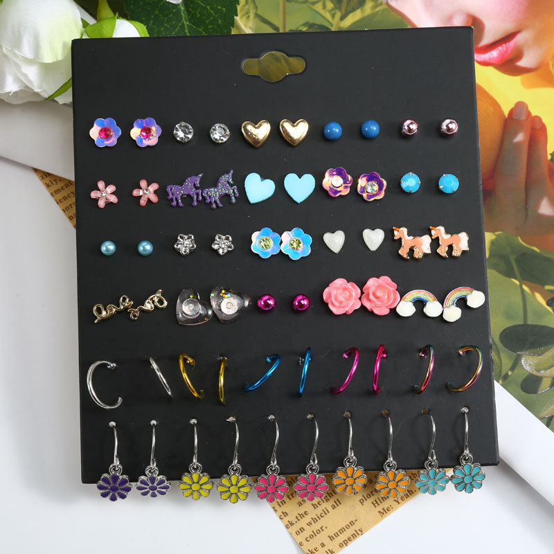 Blue pond Σκουλαρίκια από κράμα – σετ 30 ζευγάρια, καρτουν στυλ καρδιά, βύσματα από ανοξείδωτο ατσάλι, unisex κλασικός σχεδιασμός