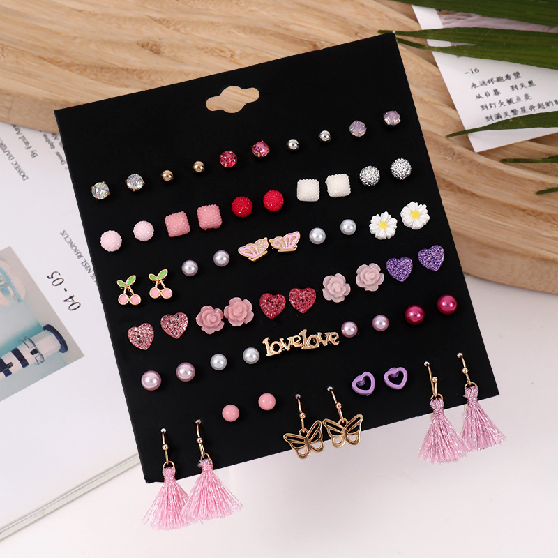 Blue pond Σκουλαρίκια από κράμα – σετ 30 ζευγάρια, καρτουν στυλ καρδιά, βύσματα από ανοξείδωτο ατσάλι, unisex κλασικός σχεδιασμός