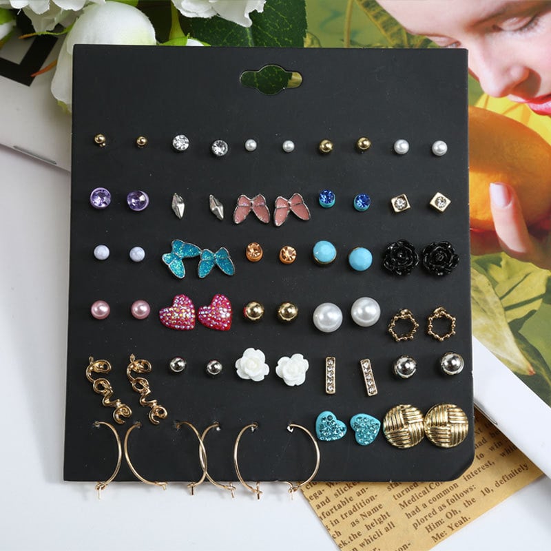 Blue pond Σκουλαρίκια από κράμα – σετ 30 ζευγάρια, καρτουν στυλ καρδιά, βύσματα από ανοξείδωτο ατσάλι, unisex κλασικός σχεδιασμός