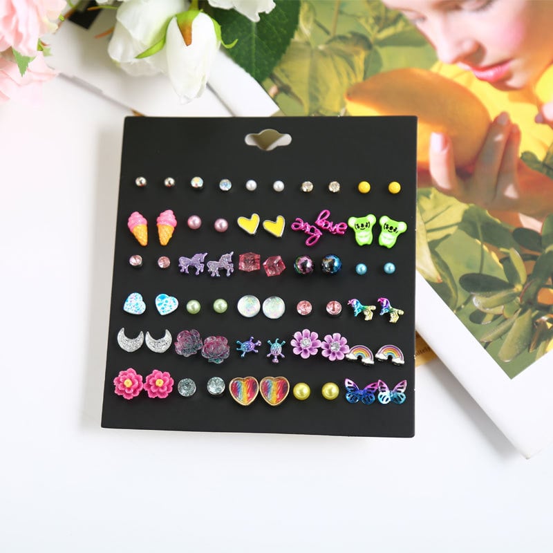 Blue pond Σκουλαρίκια από κράμα – σετ 30 ζευγάρια, καρτουν στυλ καρδιά, βύσματα από ανοξείδωτο ατσάλι, unisex κλασικός σχεδιασμός