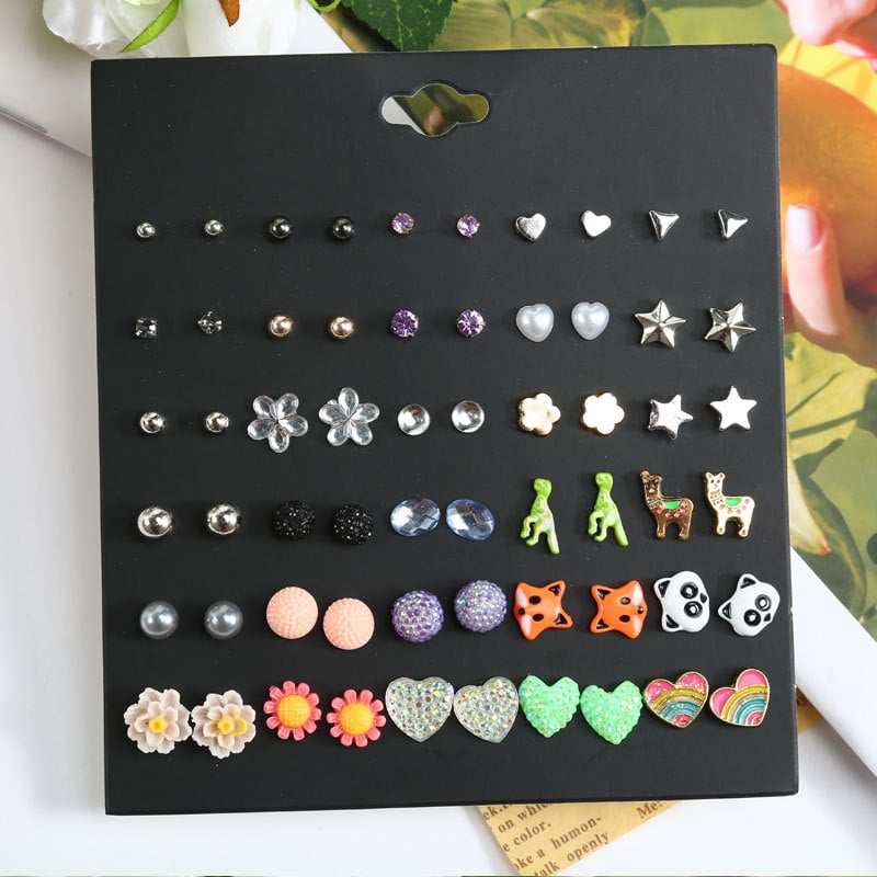 Blue pond Σκουλαρίκια από κράμα – σετ 30 ζευγάρια, καρτουν στυλ καρδιά, βύσματα από ανοξείδωτο ατσάλι, unisex κλασικός σχεδιασμός