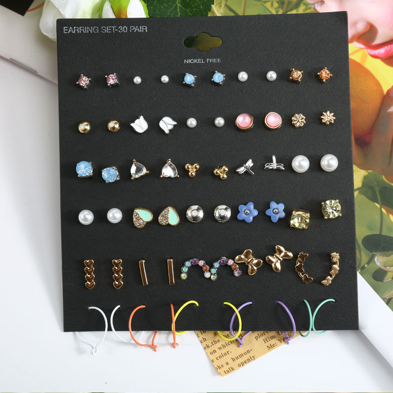 Blue pond Σκουλαρίκια από κράμα – σετ 30 ζευγάρια, καρτουν στυλ καρδιά, βύσματα από ανοξείδωτο ατσάλι, unisex κλασικός σχεδιασμός