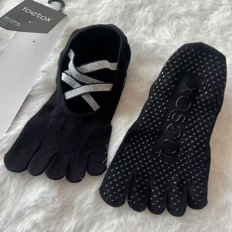 Toesox joga čarape za pilates, otvorena leđa, preklopne trake, mrežasti materijal, pet prstiju, protuklizne točkice, 70–80% pamuk