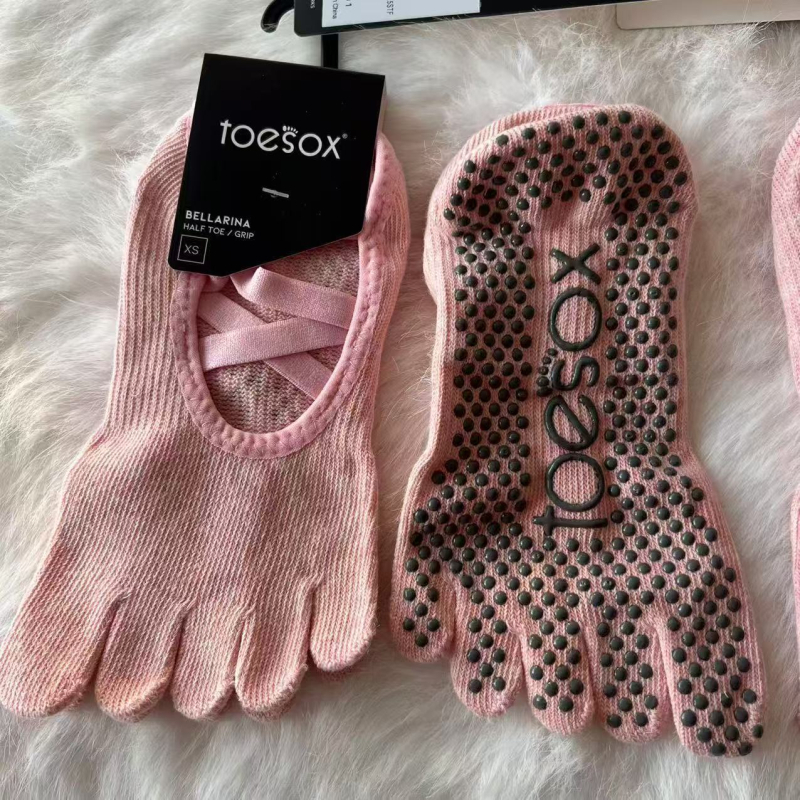 Toesox joga čarape za pilates, otvorena leđa, preklopne trake, mrežasti materijal, pet prstiju, protuklizne točkice, 70–80% pamuk