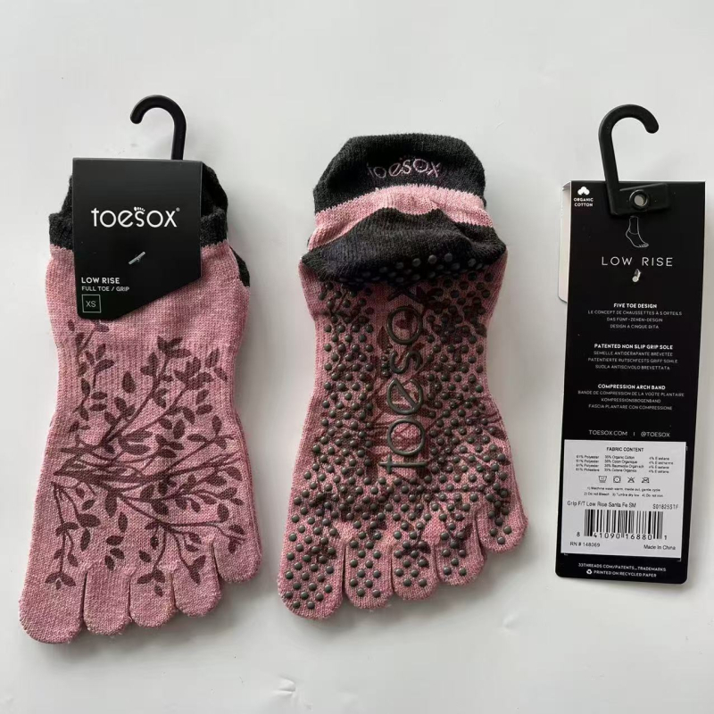 Toesox joga čarape za pilates, otvorena leđa, preklopne trake, mrežasti materijal, pet prstiju, protuklizne točkice, 70–80% pamuk