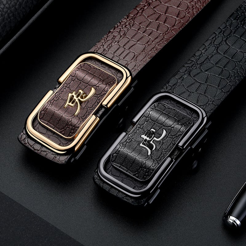 Curea din piele pentru bărbați, design 12 zodii, cataramă automată, piele naturală, două straturi de piele de vițel, placare electrolitică