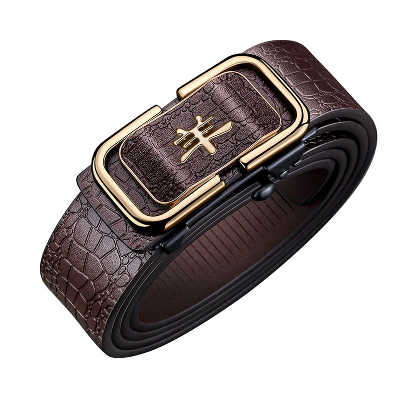 Curea din piele pentru bărbați, design 12 zodii, cataramă automată, piele naturală, două straturi de piele de vițel, placare electrolitică