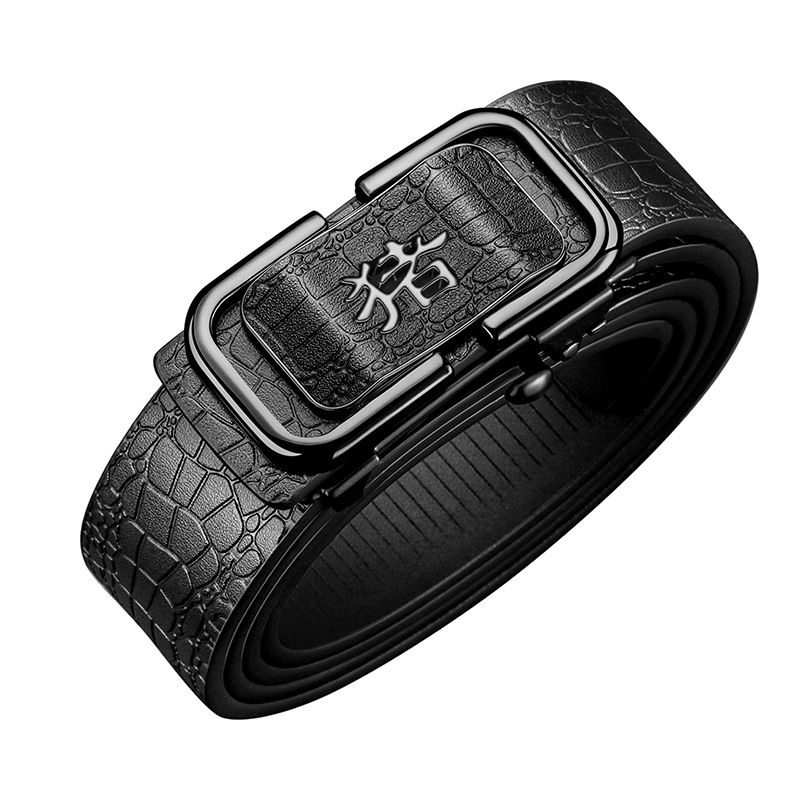 Curea din piele pentru bărbați, design 12 zodii, cataramă automată, piele naturală, două straturi de piele de vițel, placare electrolitică