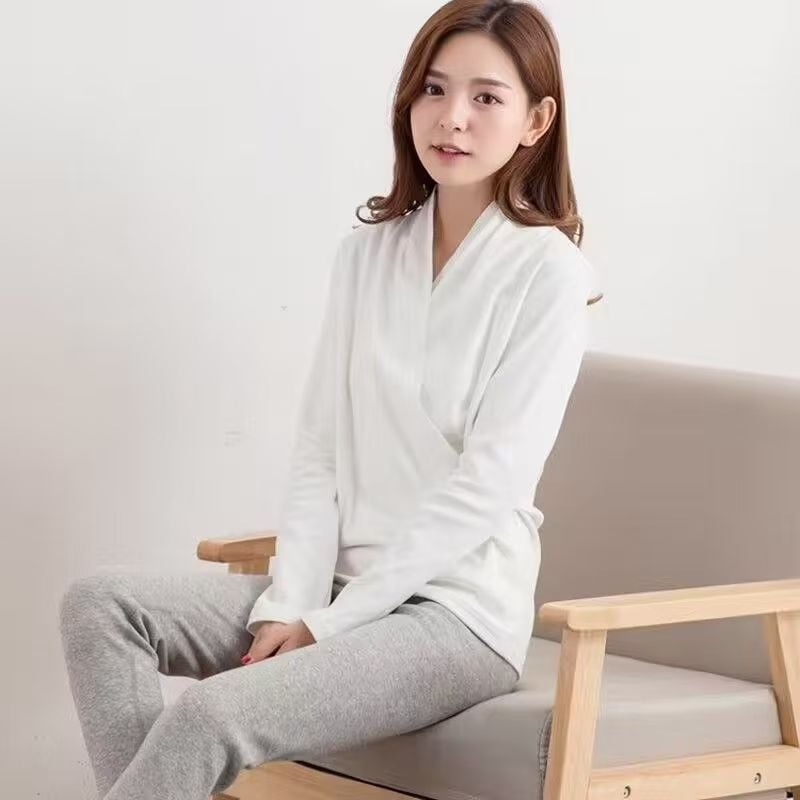 Σετ τοπ θηλασμού για εγκύους – μακριά μανίκια, μίξη βαμβάκι-ελαστάν, μπροστινό άνοιγμα θηλασμού, φθινοπωρινό 2025, στυλ τεσσάρων εποχών