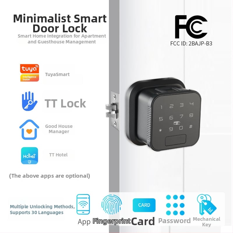 Weirman B3 интелигентен заключващ механизъм за дървена врата с отпечатък, парола, карта и ключ, дистанционно отключване; съхранява до 100 отпечатъка, над 100 000 отключвания, сканиране до 0,5 s, DC захранване, -20–65°C, 20–90% влажност.