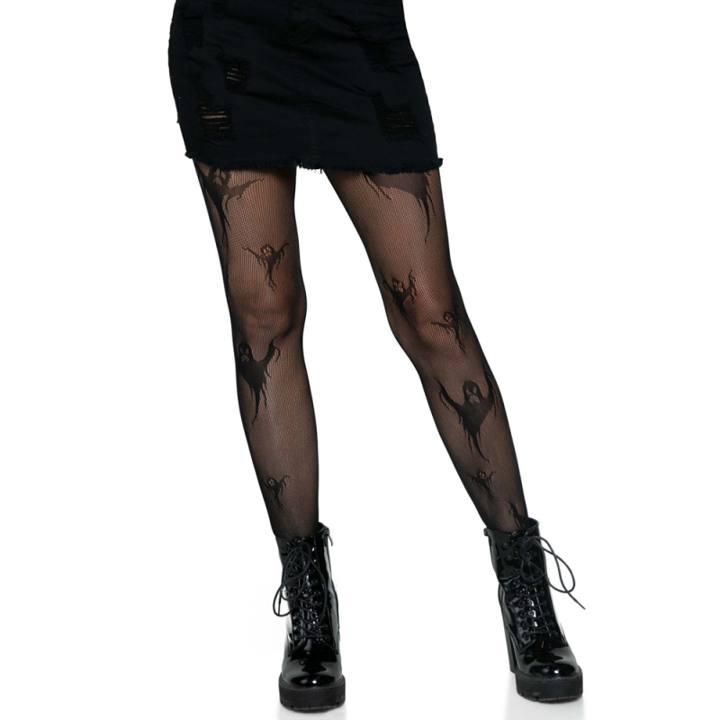 Női hálózati harisnya leopard mintával, Halloween szellem motívum, áttetsző vékony kevert anyag