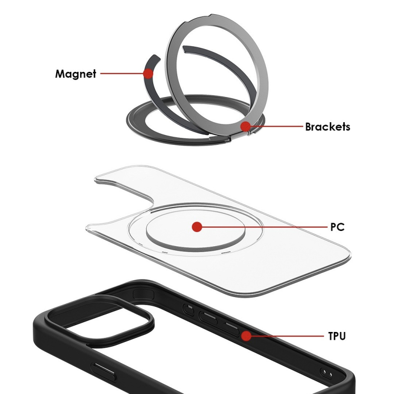 iPhone-hoz készült 360°-os forgó állvánnyal ellátott tok, átlátszó szilikon, CNC-kivitel, ütésálló, mágneses rögzítéssel, kompatibilis az iPhone 12/13/14 sorozattal