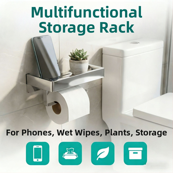 Raft de baie montat pe perete cu suport pentru hârtie igienică și telefon; oțel inoxidabil 304, finisaj polizat, formă dreptunghiulară.