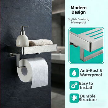 Raft de baie montat pe perete cu suport pentru hârtie igienică și telefon; oțel inoxidabil 304, finisaj polizat, formă dreptunghiulară.