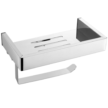 Raft de baie montat pe perete cu suport pentru hârtie igienică și telefon; oțel inoxidabil 304, finisaj polizat, formă dreptunghiulară.