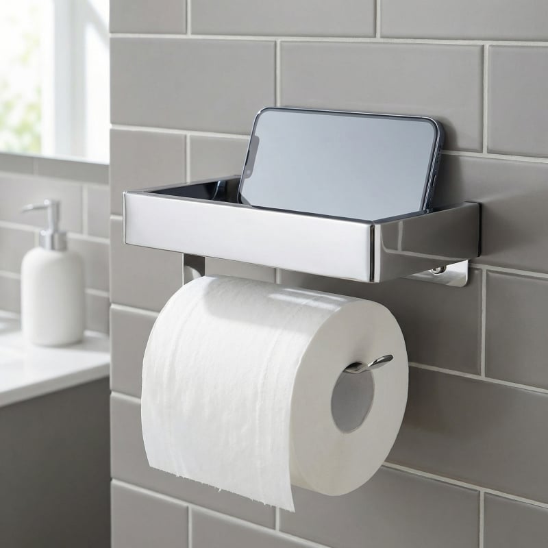 Raft de baie montat pe perete cu suport pentru hârtie igienică și telefon; oțel inoxidabil 304, finisaj polizat, formă dreptunghiulară.