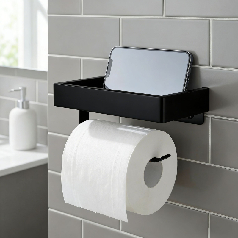 Raft de baie montat pe perete cu suport pentru hârtie igienică și telefon; oțel inoxidabil 304, finisaj polizat, formă dreptunghiulară.