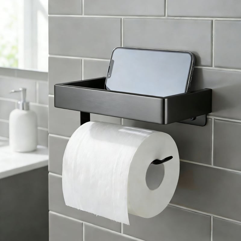 Raft de baie montat pe perete cu suport pentru hârtie igienică și telefon; oțel inoxidabil 304, finisaj polizat, formă dreptunghiulară.