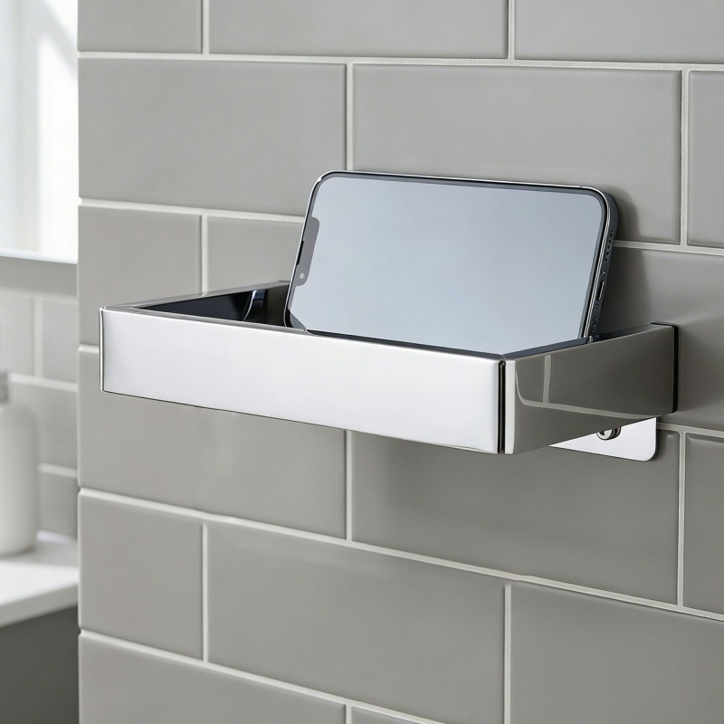 Raft de baie montat pe perete cu suport pentru hârtie igienică și telefon; oțel inoxidabil 304, finisaj polizat, formă dreptunghiulară.