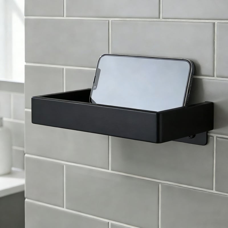 Raft de baie montat pe perete cu suport pentru hârtie igienică și telefon; oțel inoxidabil 304, finisaj polizat, formă dreptunghiulară.